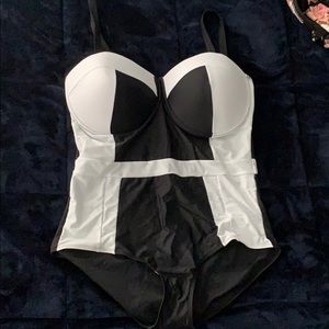 One piece black and white bathing suit